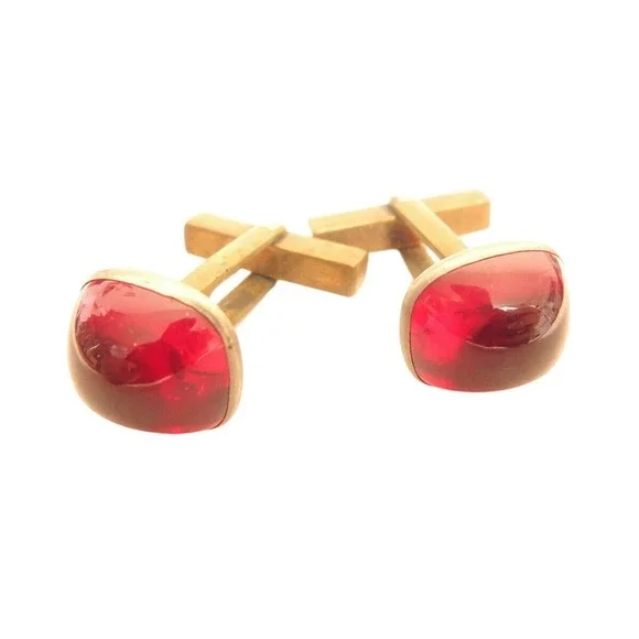 Antique Silver Tone &‎ Brass Domed Red Glass Cabochon Cufflinks*Formal Groom