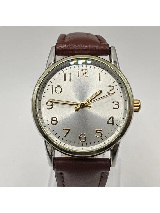 Unbranded Quartz Womens Watch 33mm Silver Tone Brown Leather Band New Battery