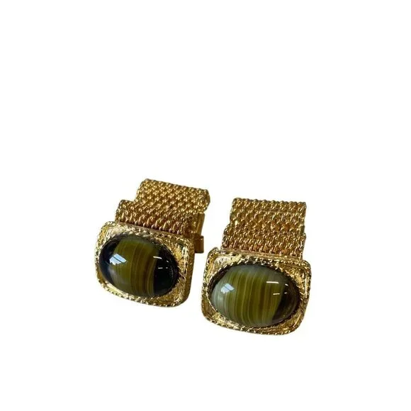 Vtg Gold Tone Fancy Frame Brown Green Swirl Art Glass‎ Stone Mesh Wrap Cufflinks