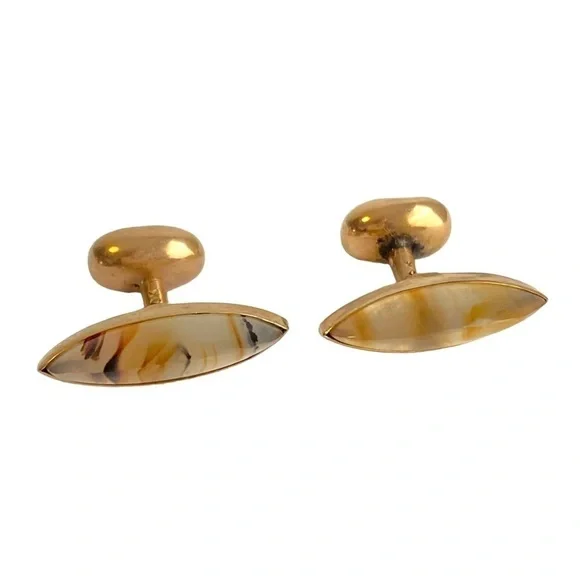 Art Deco‎ 10K Gold Agate Cufflinks Marquis Cut Mens Antique Vintage 40s 50s