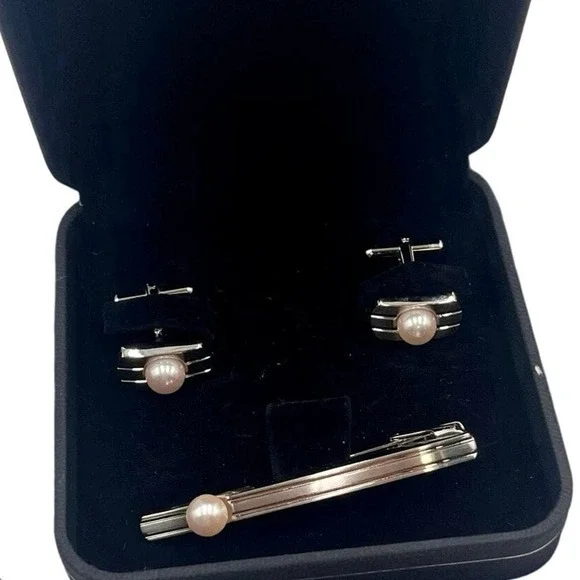 Japanese‎ Vintage Akoya Pearl Tie Clip Cuff Link Set 2013 Japan 10k Gold Plated