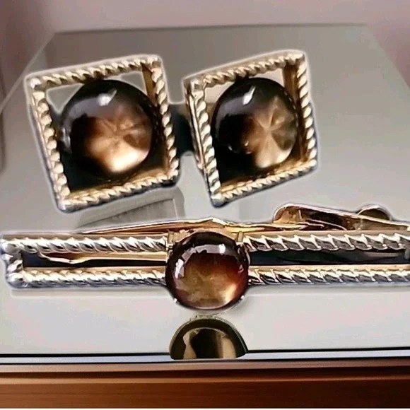 Vintage 80s Cat's Eye Cufflinks & Tie Bar Set Retro Groovy Glamor Gold Tone‎