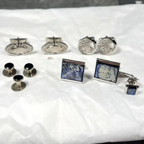 Vintage Silver Tone Mens Cufflinks Tie Tack Tuxedo Shirt Studs Jewelry Lot 7pc