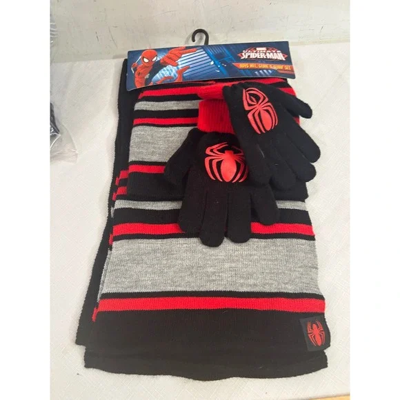 Marvel Spider-Man Hat Scarf Gloves Set OSFM Red Black Striped Boys Cold Weather
