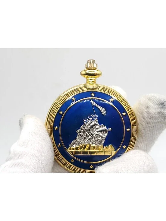 Iwo Jima Modern Quartz Pocket Watch New Battery Gold/Blue Tone 50mm
