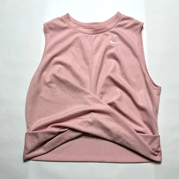 women Pink Nike DRI-FIT Ribbed twist front crop activewear shirt size large