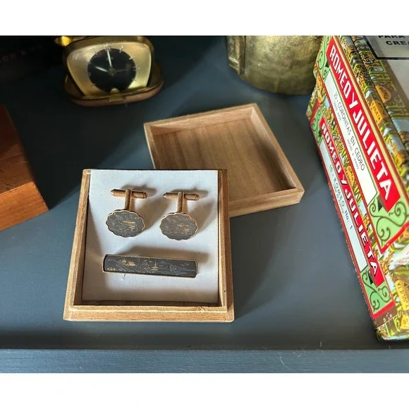VTG Damascene 24K Gold Inlay‎ Cufflinks and Tie Bar Set Japanese Landscape Box