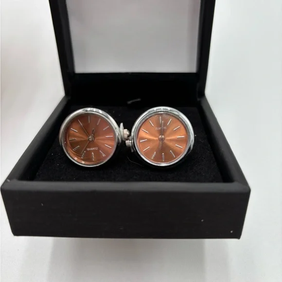 Men's Watch Face Cufflinks Brown Dial Quartz Style Silver Tone Gift‎ Boxed