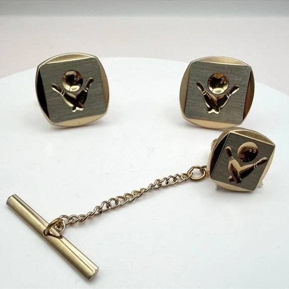 VTG Y2K‎ Gold Tone Bowling Tie Tac Cufflinks Set Men's Classic Fashion Jewelry
