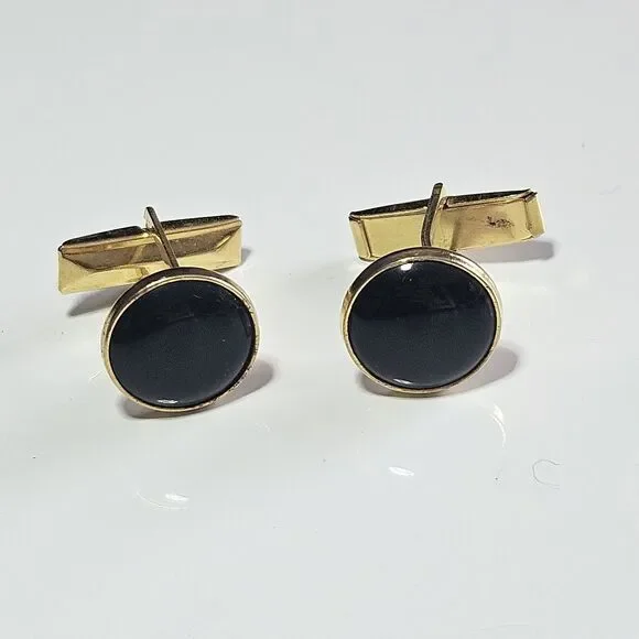 Round Cabochon Pioneer Black & Gold Tone Vintage Cufflinks