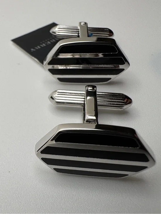 NWT Burberry Silver and Black Striped Cufflinks