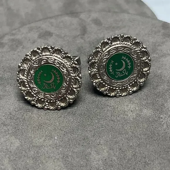 Vintage Pakistan Ornate Cufflinks Silver Tone 1” Round