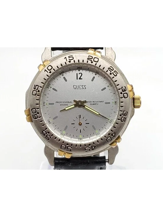 Vintage 1991 Guess Quartz Watch New Battery Diver Style Silver Tone 34mm