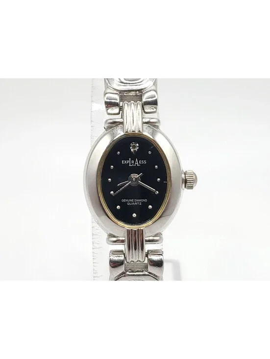 LA Express Quartz Watch 16mm Womens New Battery Silver Tone Black Dial