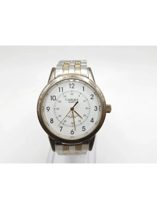 2004 Timex Carriage Quartz Watch Mens New Battery Two-Tone White Dial 36mm