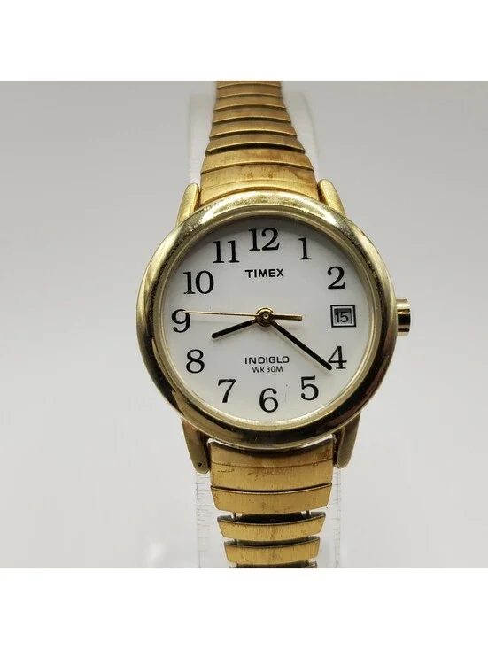 Timex Indiglo Womens Watch 25mm Gold Tone Stretch Band Date Dial New Battery