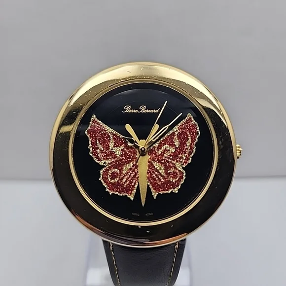 Womens Pierre Bernard Butterfly Watch Gold Glitter Black Leather New Battery