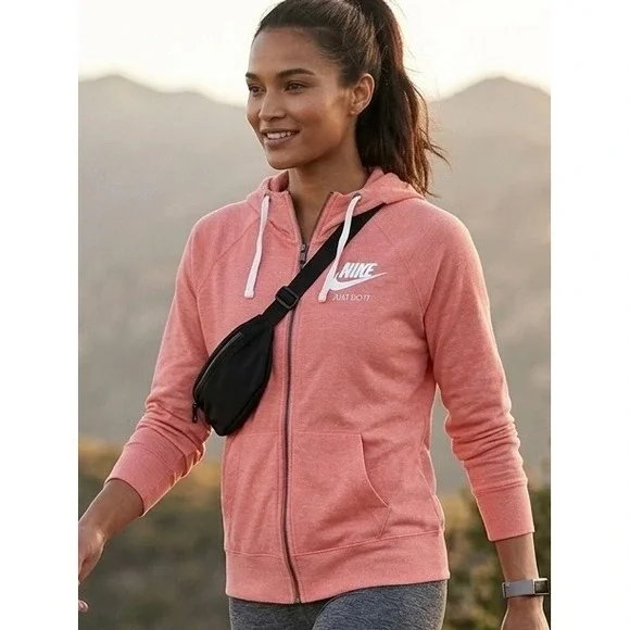 Nike Sportswear Coral Pink Full Zip Hoodie Medium Organic Cotton Sweatshirt
