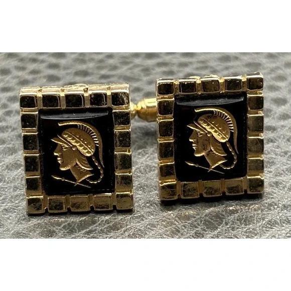 Vintage Roman Soldier Intaglio Style Gold Tone Cufflinks