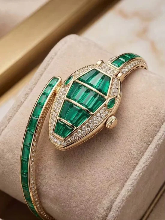 Serpenti Style Emerald Green Crystal Bangle Watch – Gold Tone Quartz Watch