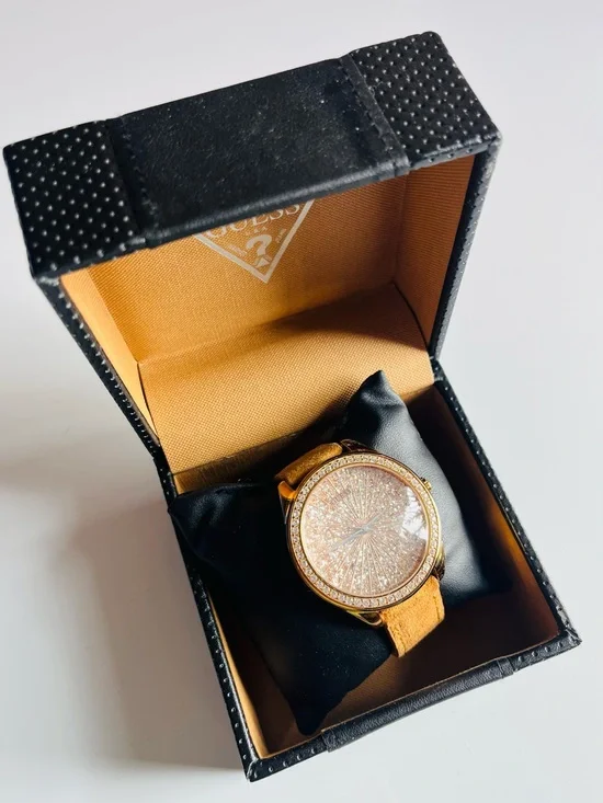 Guess Gold-Tone Watch with Glitter Dial and Tan Strap with Box