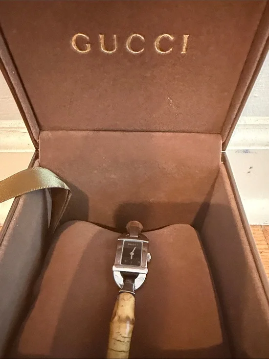Gucci Silver-Tone Case Watch with Brown Bamboo-Style Strap