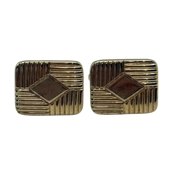 Cufflinks Mens OS Gold Textured Art Deco Diamond Pattern Rectangle Vintage