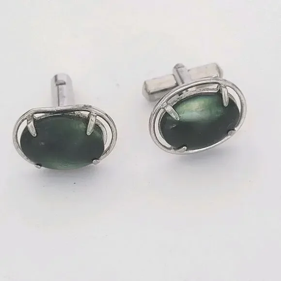 Abalone Shell Cufflinks Silver Tone Green Oval Cabochon Cufflinks Vintage‎ Retro