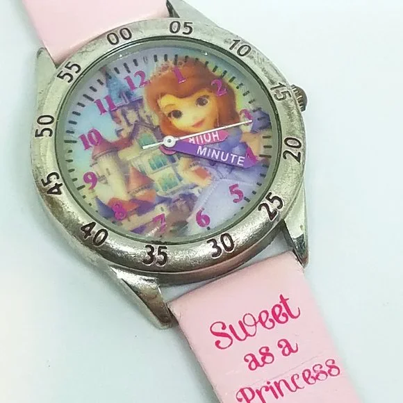 Teach How Tell Time - Disney Princess Castle Pink Leather Band Child Girl Watch