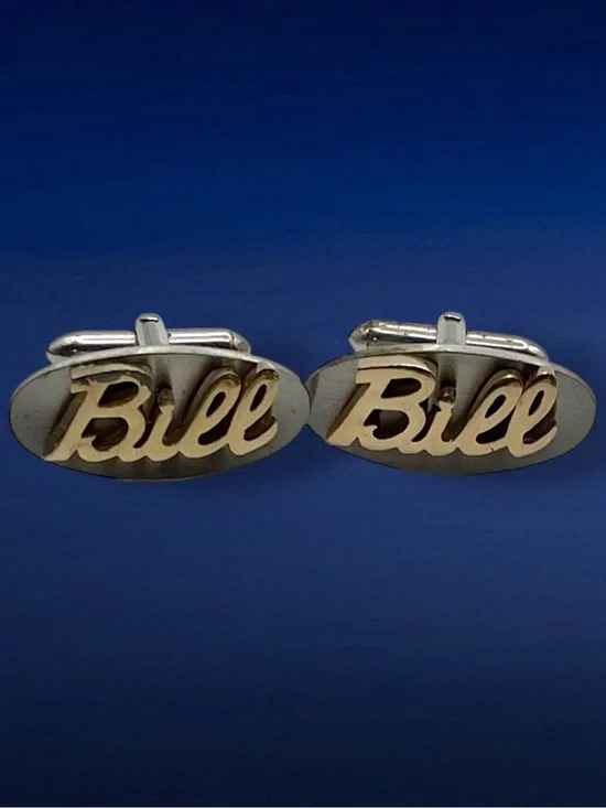 Vintage Pair of Two Tone Swank Cufflinks With Name of Bill Mid Century Estate Pc