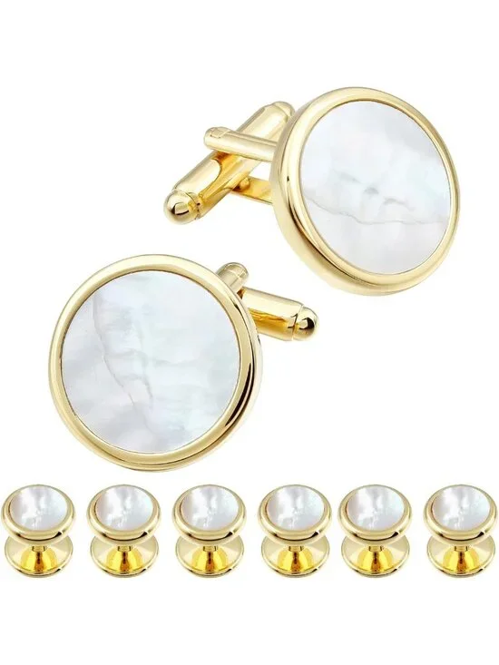 Elegant Mother-of-Pearl Tuxedo Shirt Button & Cufflink Set for Weddings & Events