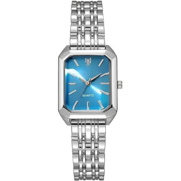 Women's Silver Blue Square Quartz Wrist Watches Steel Strap Casual Fashion
