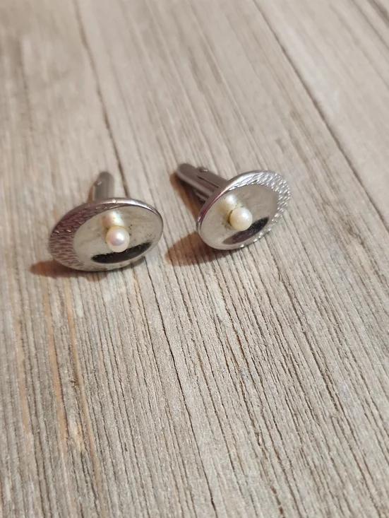 Vintage Swank Silver Tone Pearl Accent Oval Cufflinks
