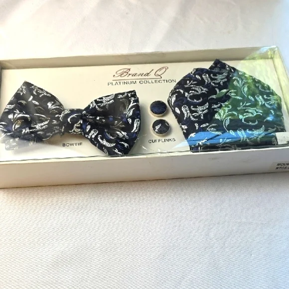 NEW Brand Q Platinum Collection Bowtie Cufflinks Pocket‎ Square Set Black/Silver