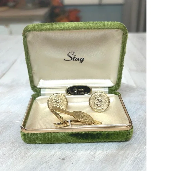 Vintage‎ Stag Gemini Zodiac Cufflinks and Tie Clip Set Gold Tone