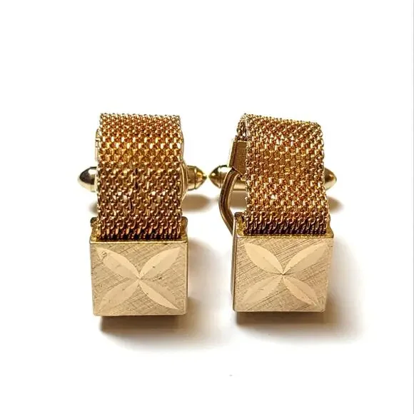 Vintage Swank Brushed Textured Gold Tone Square Cufflinks w/ Mesh Wrap