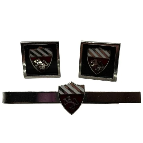 Fighting‎ Lion Crest Square Cuff Links Tie Bar Set Black Red Silver Tone Vintage