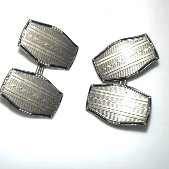 Antique 1920s Art Deco silver tone black enamel engraved cufflinks cuff links