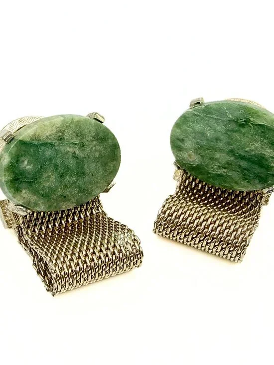 Contemporary Dante Signed Nephrite Jade Gold Plated Oval Cab  Cufflinks