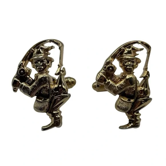 Fisherman Cufflinks by Hickok USA Gold Tone‎ Hooked Underwear Funny Nautical VTG