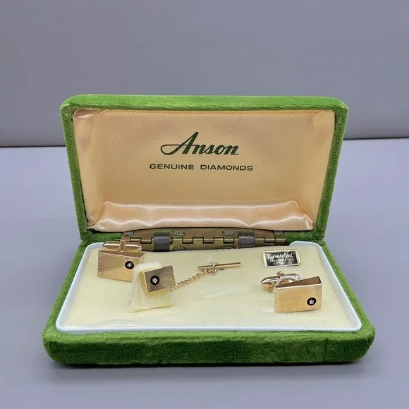 Anson Cufflinks Set Men 24KT Gold Plated Genuine Diamond Heavy Electroplate