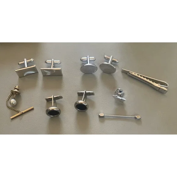 Vintage Cufflinks Tie Clips and Pins Bar‎ Mixed Lot of 7 Silver & Gold Tone
