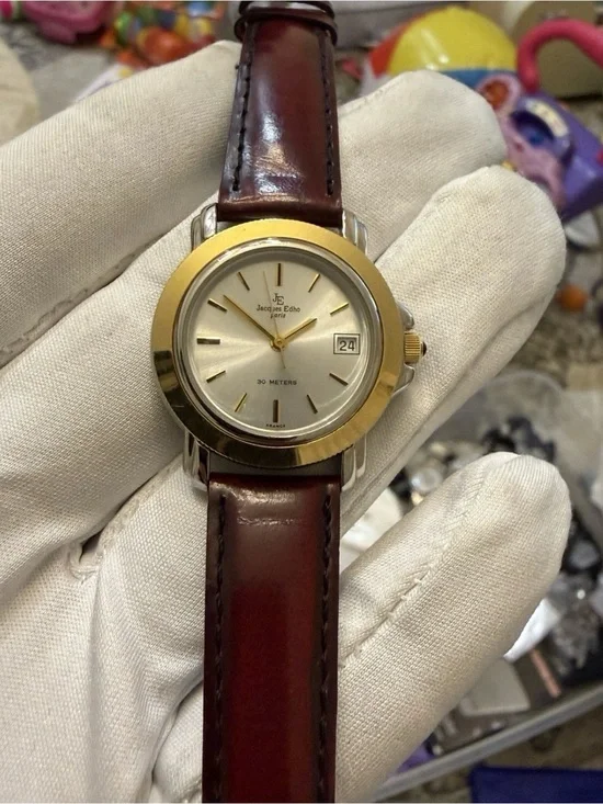Vintage Jacques Edho Paris 30mm Two Tone Quartz Date Watch 18K Gold Plated JE790