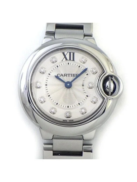 Cartier Watch Baron Blue SM 11 Points Diamond Index Silver Guilloche Dial SS