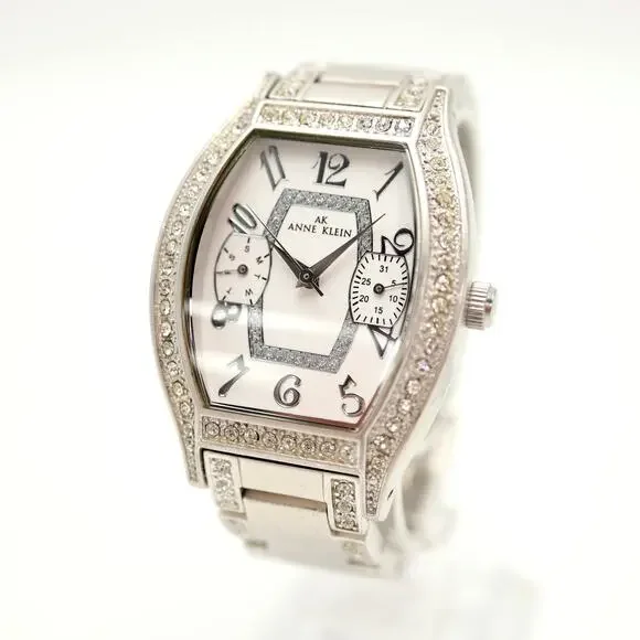 Anne Klein 31mm Barrel Silver Tone Womens Watch Day Date Bracelet w New Battery