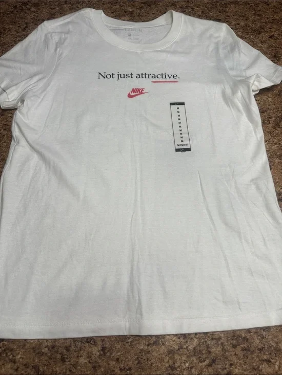 Nike White Short-Sleeve Tee with Red & Black Logo and Slogan Medium