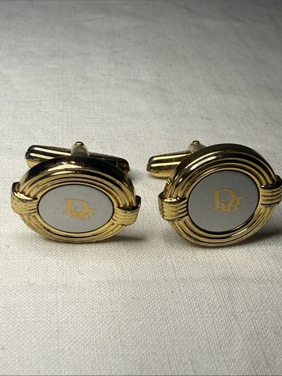 Vintage Christian Dior Gold & Silver Tone Logo Oval Cufflinks