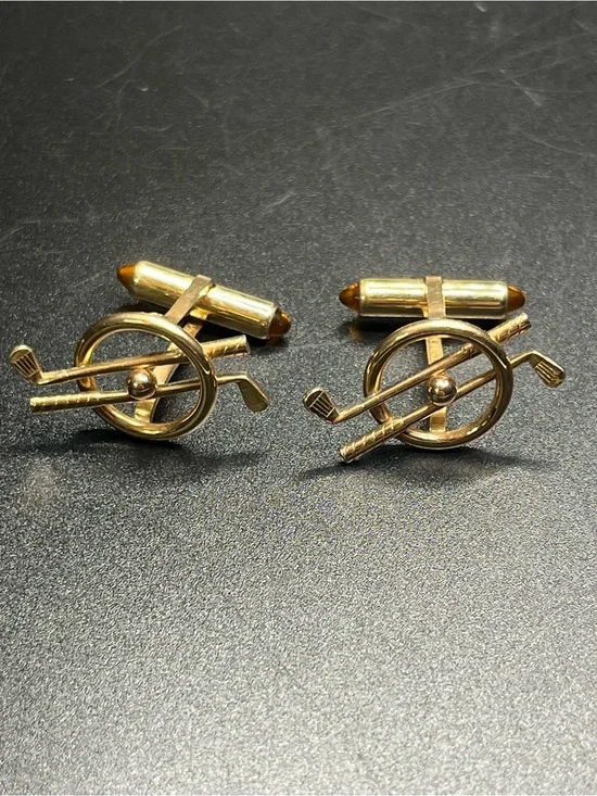 Vintage Gold Tone Golf Cufflinks Crossed Golf Clubs Golf Ball Men’s Cuff Links