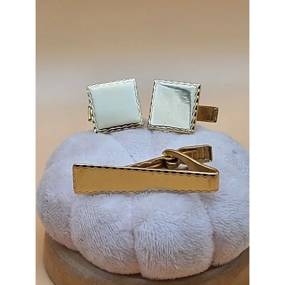 75 Yr Old Vtg Gold Plate Mirror Shine Tie Tack / Pin & Cufflinks Set FREE $HIP!