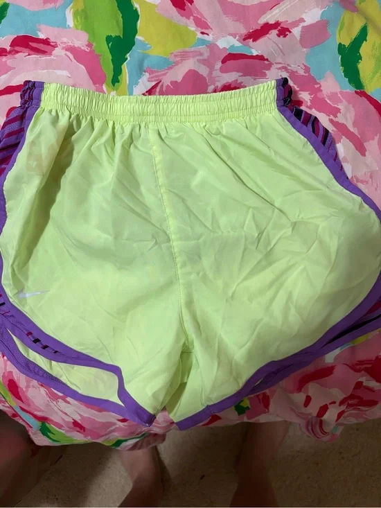 Nike Women’s Neon Yellow Athletic Shorts with Purple Trim